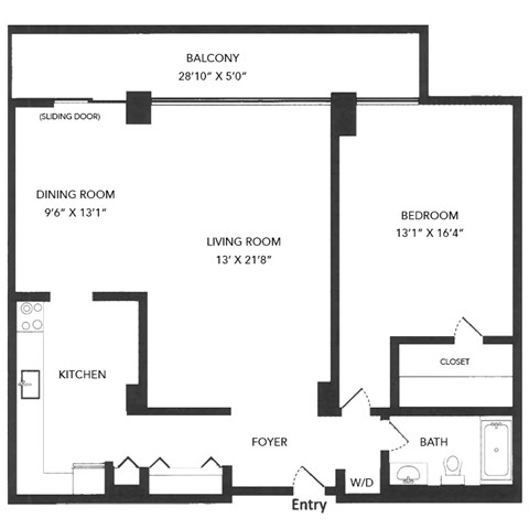 Floor plan for 1 bed, 1 bath, 969 sqft